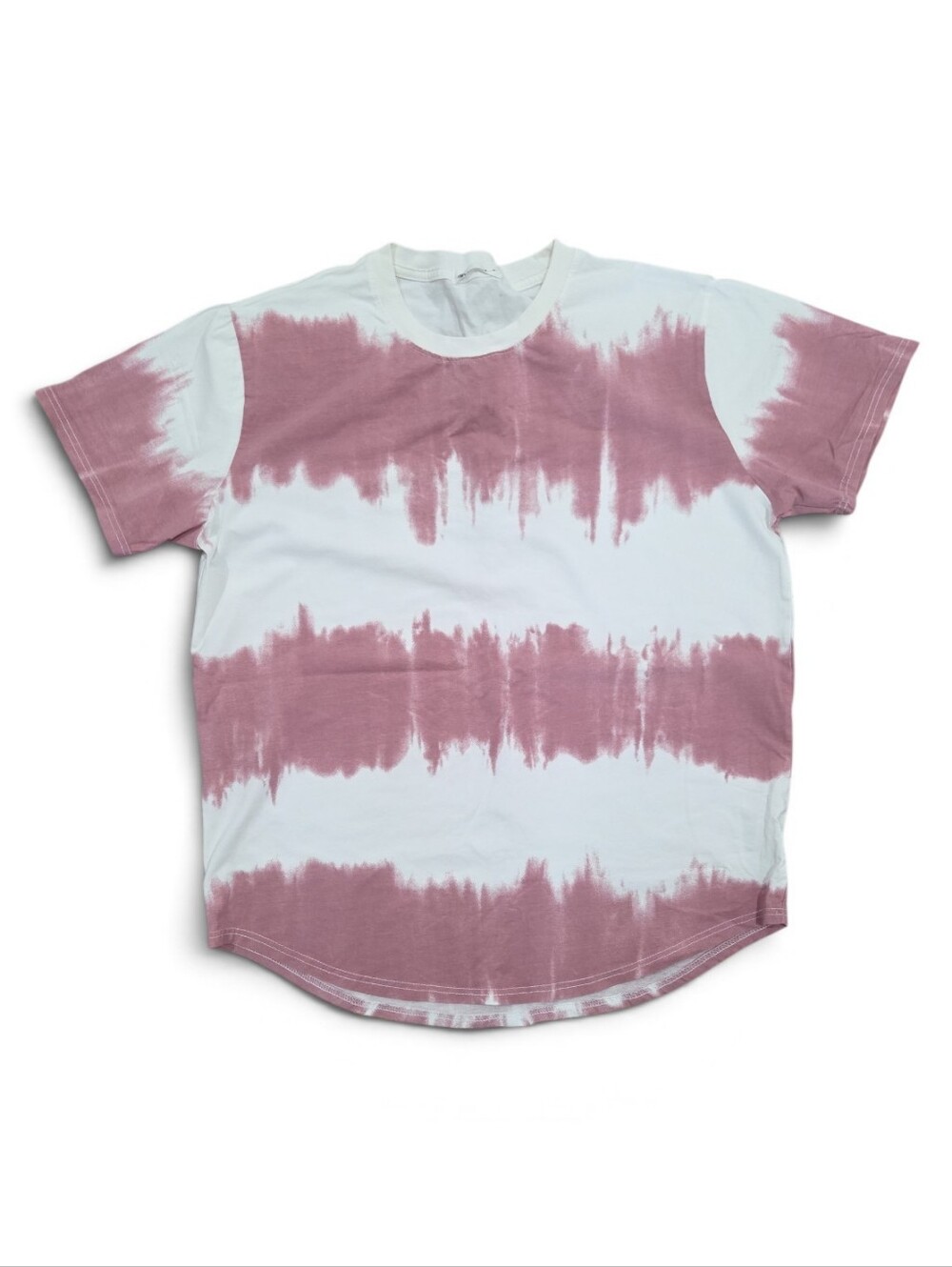 Kliegou Hip Hop Curved Hem Tie-Dye Stripe Tee - Mauve and White Size Large